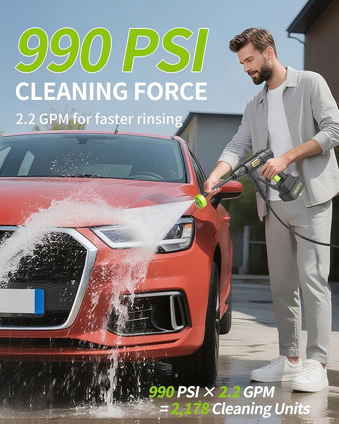 Cordless Portable Washer, Handheld Washer, Battery Operated Washer for Car Home Outdoor Patio Garden, Lightweight Car Washer, Washer with Foam Pot, Cleaner with 23FT Elastic Hose (Evergreen)