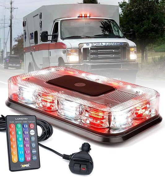 LUMENIX LED Roof Top Strobe Beacon Light Bar Rooftop Security Warning Emergency Flashing Plow Lights for First Responder Firefighter Vehicles Fire Trucks Cars Snowplow - Red White