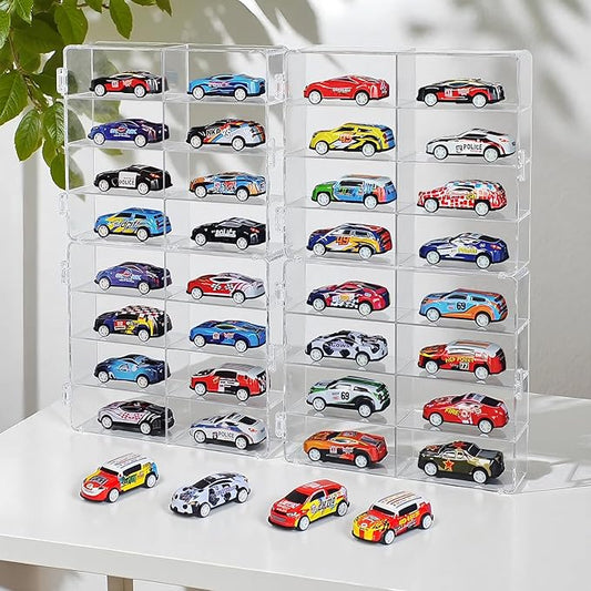 1/64 Scale Matchbox Wheels Toy Car Display Case Holds 32 Toy Cars Storage Organizer, Clear Display Box with Clear Snap-On Dust Cover 6.5 X 7.5 X 1.6 Inches 4 Pack