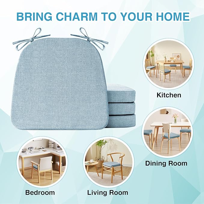 IASEAHK Chair Cushions for Dining Chairs Set of 6, Non Slip Kitchen Chair Pads, 17" x 16" x 2", Indoor Dining Chair Cushions with Ties, D-Shaped Seat Cushions for Kitchen Chairs, Light Blue