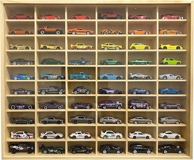 Wooden Wall Mount Display Case for Hot Wheels, with Dust Resistant Door, Matchbox 1/64 Scale Diecast Model Cars Display Storage Organizer Case, Stores up to 60 Cars