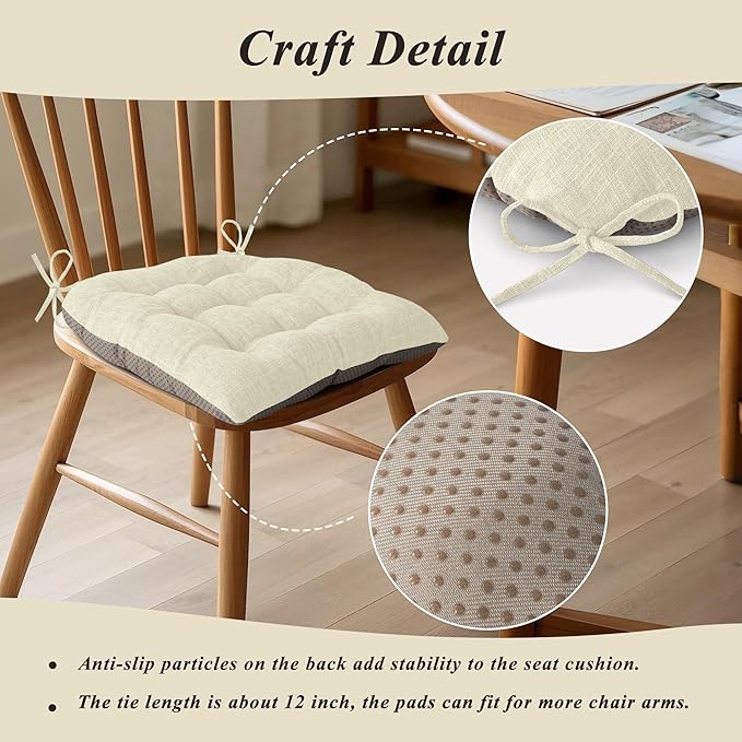 Chair Cushions for Dining Chairs Set of 2 Durable D-Shaped Seat Cushions with Non-Slip Backing Secure Ties Thick Cozy Seat Pad for Kitchen Dining Room Office(18x16.5x3in Beige)