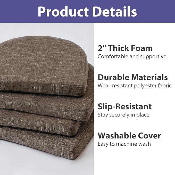 IPYNBAP Chair Cushions for Dining Chairs, Kitchen Chair Cushions, 16'' x 16'' x 2'', Non Slip Indoor Seat Cushions, Chair Pads for Dining Chairs with Ties & Removable Cover, Set of 6, Brown