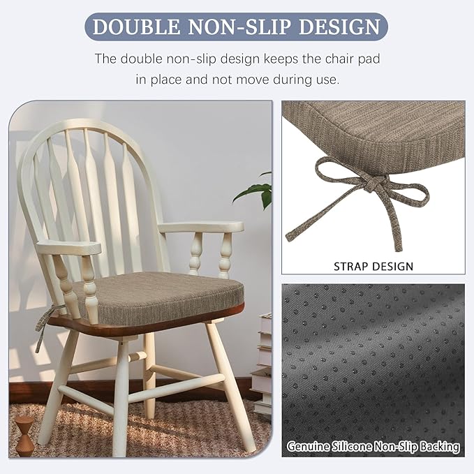 baibu Kitchen Chair Cushions Set of 4, Dual-Layer Patented Design Memory Foam Dining Chair Pads with Ties and Washable Cover, 4 Pack, 17" x 16" x 2", Light Brown
