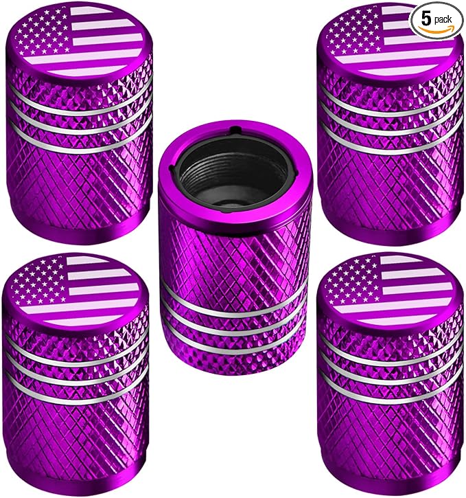 Tire Valve Stem Caps for Car Tire Cap 5 Pack Corrosion Resistant Leak-Proof Premium Alloy American Flag Universal for Car Bike Truck Motorcycle Purple