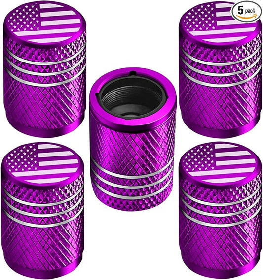 Tire Valve Stem Caps for Car Tire Cap 5 Pack Corrosion Resistant Leak-Proof Premium Alloy American Flag Universal for Car Bike Truck Motorcycle Purple