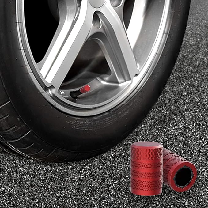 CKAuto Tire Valve Stem Caps, Red, 4 pcs/Pack, Anodized Aluminum Tire Valve Cap Set, Corrosion Resistant, Universal Stem Covers for Cars Trucks Motorcycles SUVs and Bikes