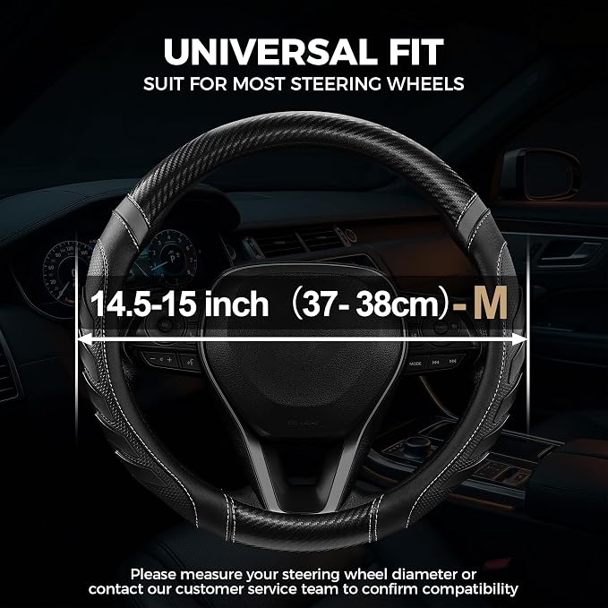West Llama Carbon Fiber Leather Steering Wheel Cover with Anti-Slip Grip, 3D Textured Design, 14.5-15 Inch Car Steering Wheel Cover, Durable Interior Accessory（Standard Size-Black+Gray