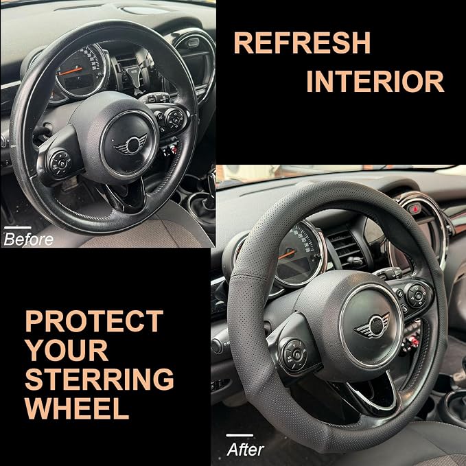 PINCTROT Large Size Nappa Leather Steering Wheel Cover with Ergonomic Palm Support Grip, Full Perforated Breathable, Slim Fit No Bulk Design,15.5-15.75 Inch(Black)