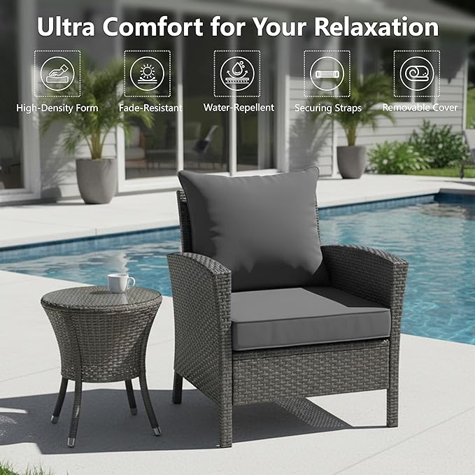 22x22 Inch Patio Chair Cushion with Removable Cover, Outdoor Furniture Cushion - Water-Repellent, Fade-Resistant, Non-Slip Bottom & Straps, Replacement for Lawn, Porch & Deck Chair - Dark Grey