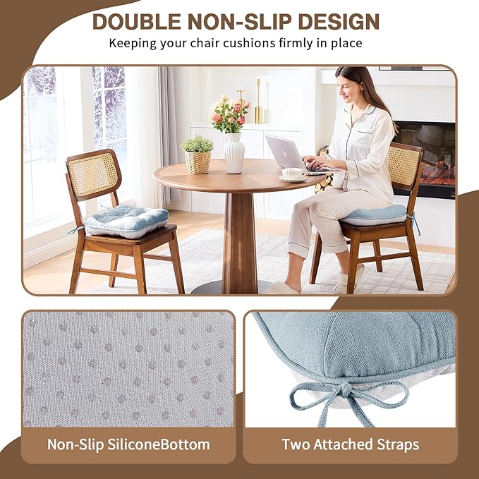 BETU Chair Cushions for Dining Chairs Set of 2,3.5" Thick Kitchen Table Chair Pads with Ties,Non Slip Backing and Covers, Seat Cushion for Dining Room,Bar,Patio Chairs,15.5"X15.5"X3.5",Smoky Blue