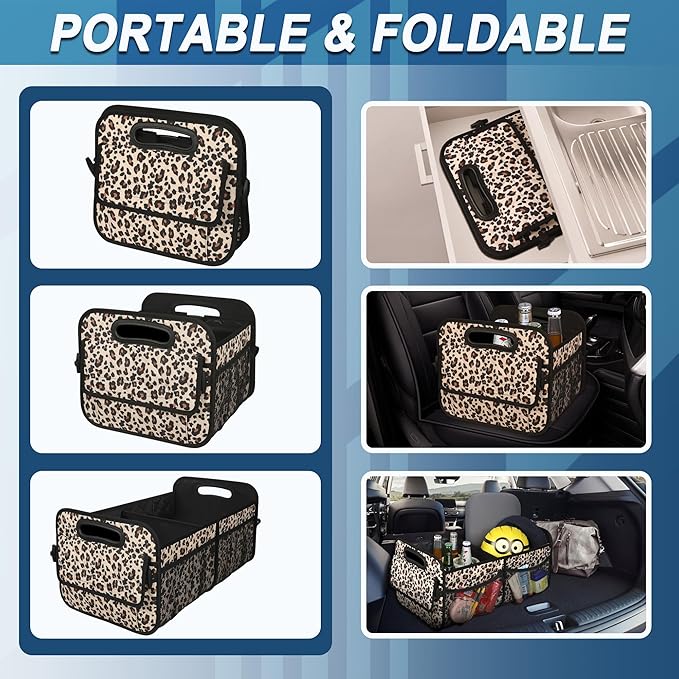 Deosk Trunk Organizer and Storage with 6 Big Pocket,Car Accessories for Women/Men 50L Waterproof Polyester Trunk Organzier for Car/SUV/Minivan/Truck(Medium,Leopard print)