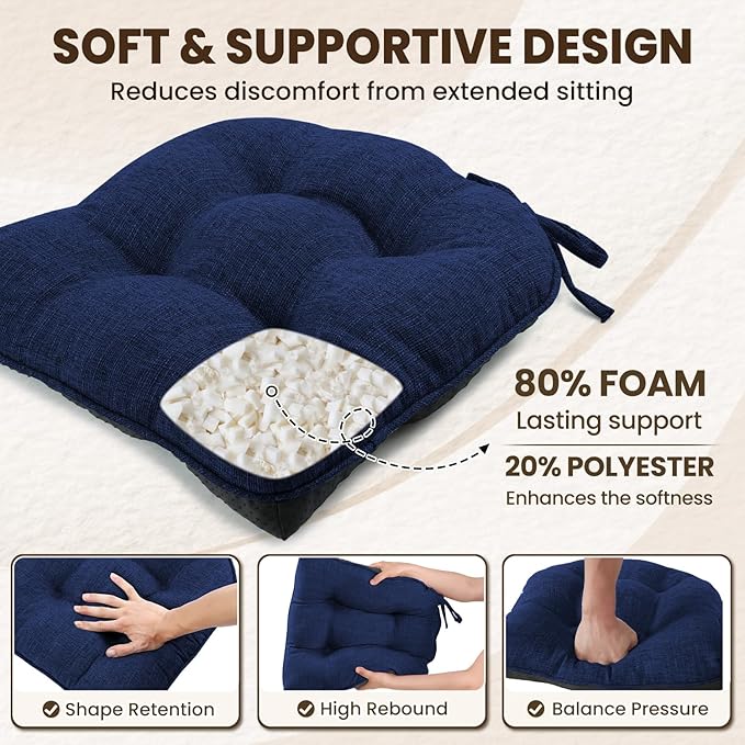 downluxe Indoor Chair Cushions for Dining Chairs, Tufted Overstuffed Textured Kitchen Chair Pads with Ties and Non-Slip Backing, 15.5" x 15.5" x 4", Royal Blue, 4 Pack