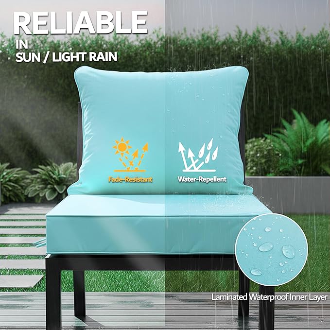 22x22 Inch Patio Chair Cushions Set of 2, Outdoor Furniture Cushions - Removable Cover, Water-Repellent, Fade-Resistant, Non-Slip Bottom & Straps, Replacement for Lawn, Porch & Deck Chair - Light Blue