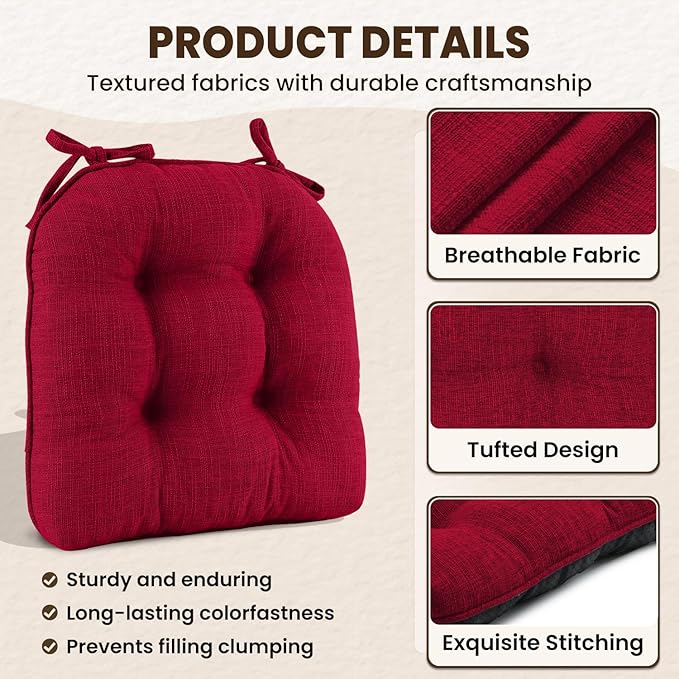 downluxe Indoor Chair Cushions for Dining Chairs, Tufted Overstuffed Textured Kitchen Chair Pads with Ties and Non-Slip Backing, 16.5" x 16.5" x 4", Red, 4 Pack