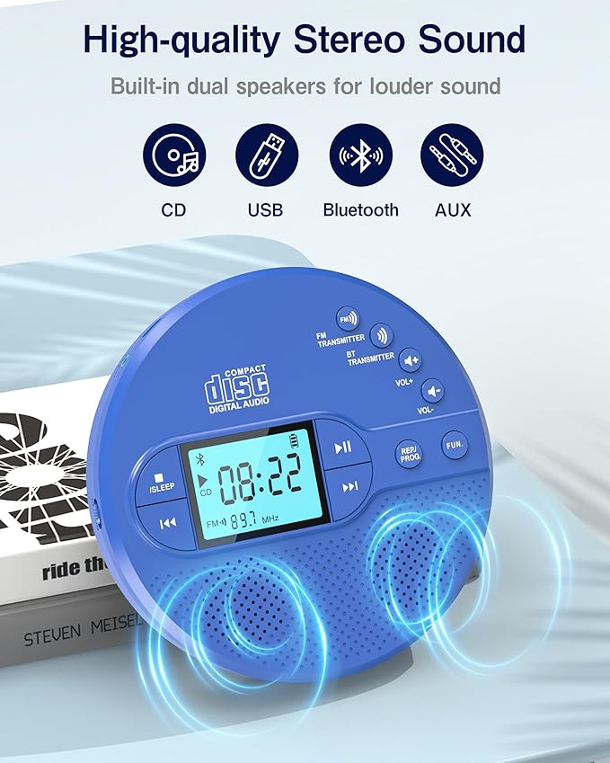 Sunoony Portable CD Player with Bluetooth, Disman CD Player for Car with FM Transmitter, Rechargeable Personal cd Player with Anti-Skip Protection, Headphones, AUX/USB Supported, LCD(Blue)