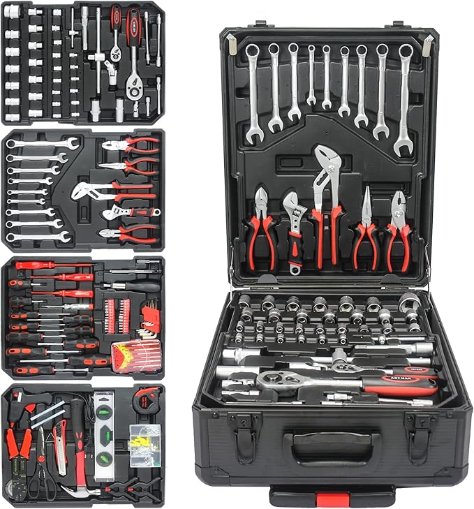 899-Piece Rolling Tool Cart, Complete Mechanics Tool Set with 4 Removable Trays, Portable Tool Chest for Home Repair, Household & Auto Garage, Professional-Grade Hand Tool Kit for DIYer, Black
