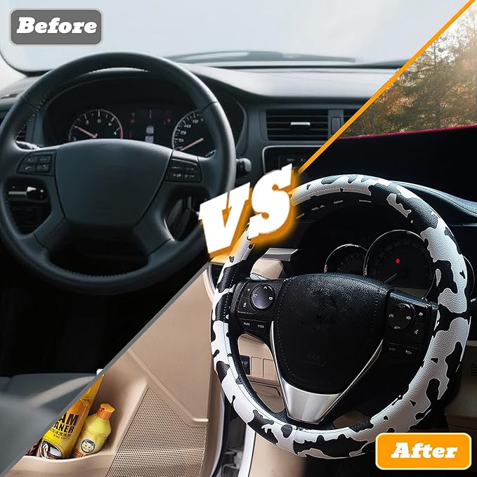 Universal Steering Wheel Cover Women 14.5-15 inch car Accessories Cow Print Western Leather Anime Black and White Cute Wheel Cover Anti-Slip Car Protecter for Men