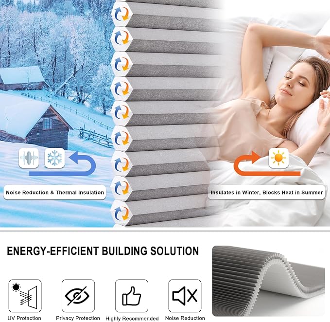 Tonature No Drill Cellular Shades for Indoor Windows, Thermal Insulating & Noise Reducing Honeycomb Blinds, Cordless Free Stop Blinds Light Filtering, Grey,44 1/2" W x 64" H