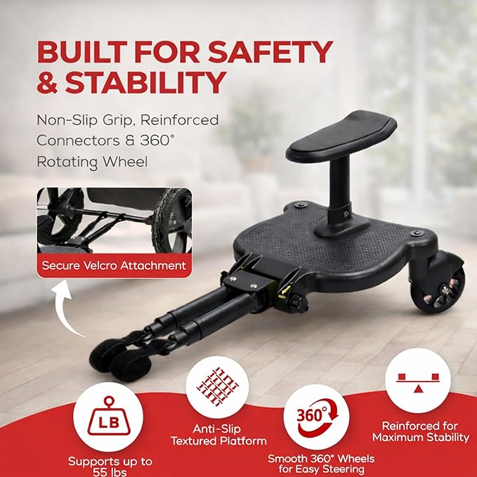 2026 New-Universal Stroller Board with Detachable Seat | 2 in 1 Sit and Stand Toddler Stroller Seat Attachment | Stroller Board Attachment for Toddler | Holds Children Up to 55 LBs