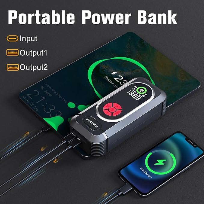6000A Jump Starter with Air Compressor, Car Battery Jump Starter Portable (10.0 Gas/10.0L Diesel), 150 PSI 12V Car Battery Jump Box with Tire Inflator, Jumper Cables, LED Light, LED Display