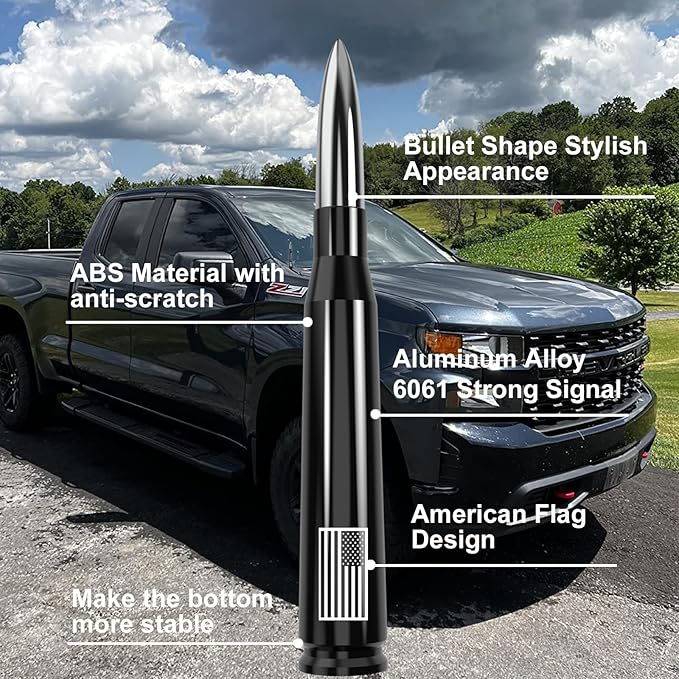 Car Truck Antenna with Valve Stem Cap American Flag Universal Short Replacement for GMC Sierra Chevy Silverado Dodge Ram 1500 2500 3500 Ford F150 F250 F350 Super Duty Raptor Accessories, Chrome