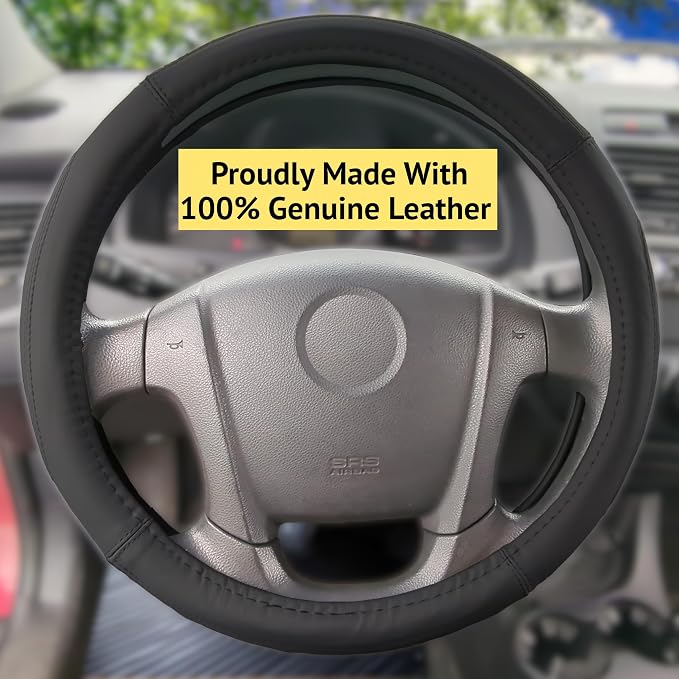 Steering Wheel Cover, Black, Real Genuine Leather, 16 inch, for Men and Women, Universal, Stretch On, Heat Resistant, Stays Cool, Non-Slip, HANWOLF