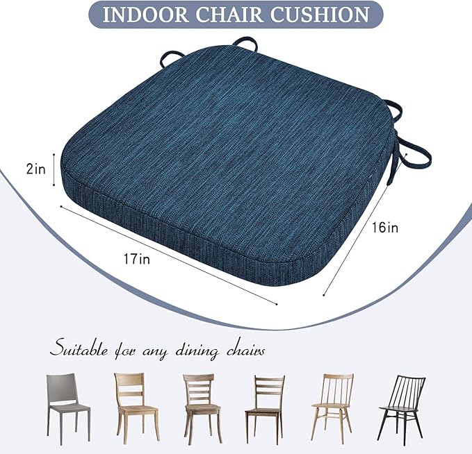 baibu Kitchen Chair Cushions Set of 2, Dual-Layer Patented Design Memory Foam Dining Chair Pads with Ties and Washable Cover, 2 Pack, 17" x 16" x 2", Blue