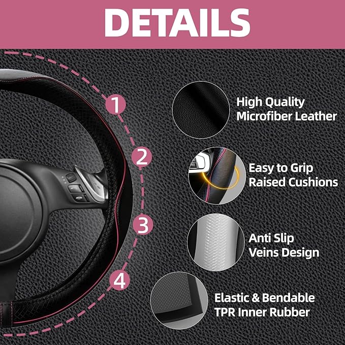 NBTEPEM 6 PCS Car Steering Wheel Cover Set, Microfiber Leather Steering Wheel Covers Universal 14.5-15 inch, Center Console Cover, Seat Belt Cushion, Cup Holder Coaster, Car Accessories Set Pink