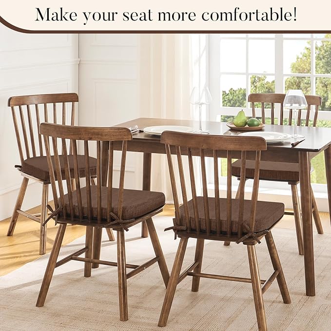 Basic Beyond Chair Cushions for Dining Chairs 6 Pack, Kitchen Chair Cushions with Ties and Non Slip Backing, 16 x 16 inches Chair Pads for Dining Chairs (Brown)