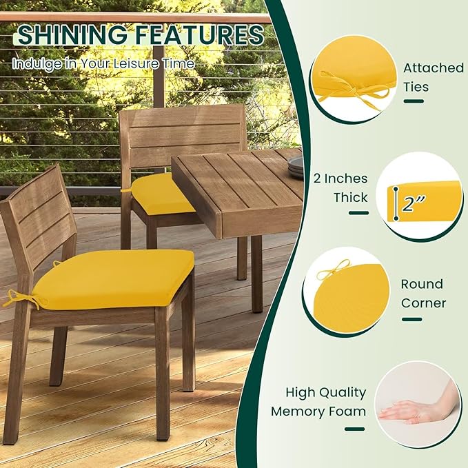 HARBOREST Outdoor Chair Cushions Set of 6, Water Resistant Patio Chair Cushions with Ties, Outdoor Seat Cushions for Patio Furniture, 17"x16"x2", Yellow