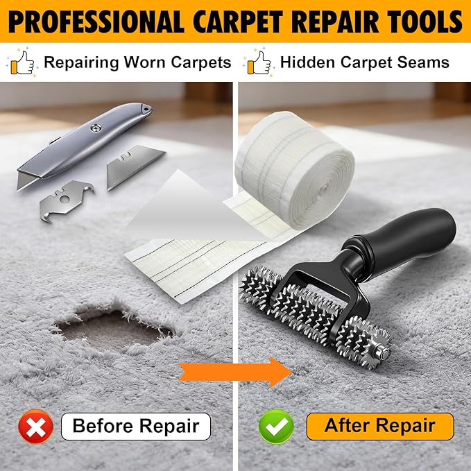Dreyoo Upgraded Carpet Repair Kit with 5" Star Wheel Seam Roller, 4" x 30ft Carpet Seam Tape & Heavy Duty PVC Pipe Cutter, Heatless Carpets Patching Tools for DIY Home/Office Floor Maintenance