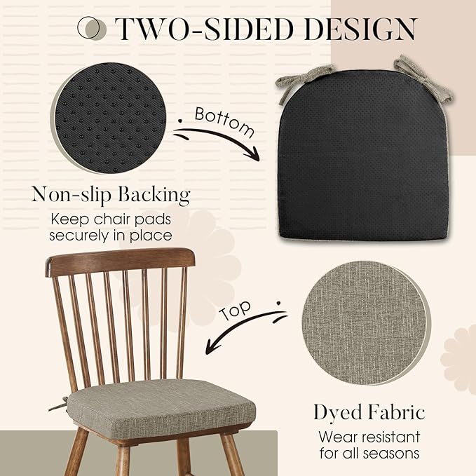 Basic Beyond Chair Cushions for Dining Chairs 4 Pack, Kitchen Chair Cushions with Ties and Non Slip Backing, 16 x 16 inches Chair Pads for Dining Chairs (Khaki)