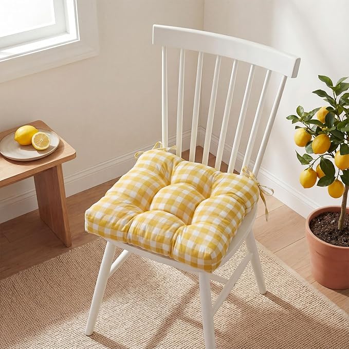 Geetery 4 Pack Chair Cushions for Dining Chairs, 16" x 15" Lemon Yellow Kitchen Chair Cushions with Ties Buffalo Plaid Soft Comfy Seat Pads for Home Office Living Room Outdoor Indoor