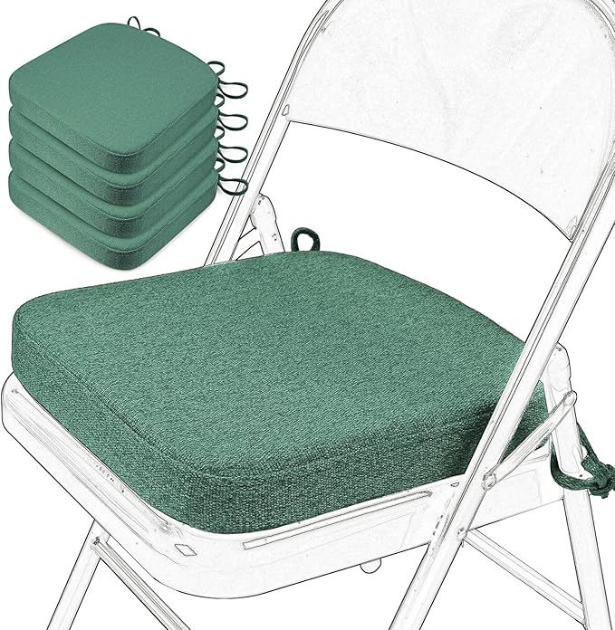 SINOSSO Memory Foam Chair Cushions for Folding Chairs 4 Pack, Thickened 2" Square Pads with Ties for Kitchen Chairs, Indoor Non-Slip Dining Chair Seat Cushions (Set of 4, Green)