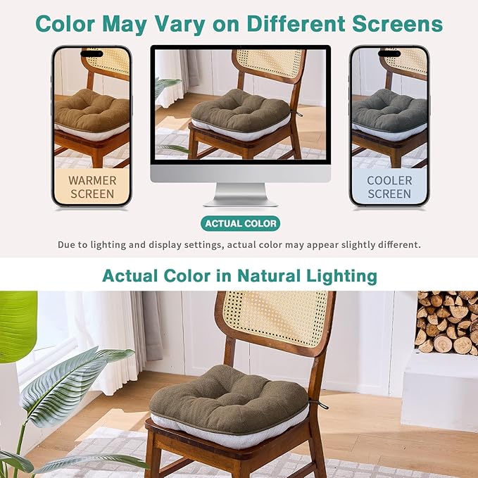 BETU Chair Cushions for Dining Chairs Set of 2,3.5" Thick Kitchen Table Chair Pads with Ties,Non Slip Backing and Covers, Seat Cushion for Dining Room,Bar,Patio Chairs,15.5"X15.5"X3.5",Brown