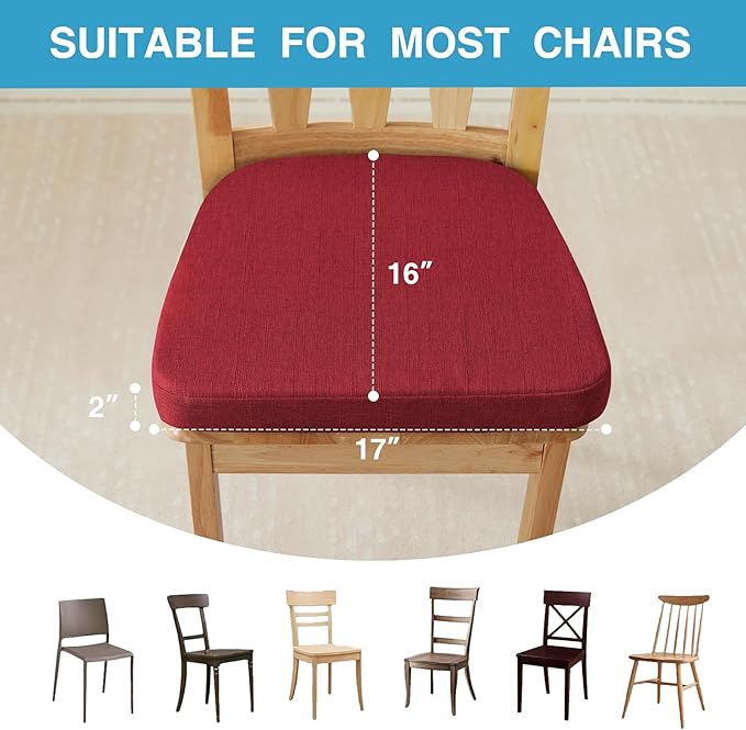 IASEAHK Chair Cushions for Dining Chairs Set of 6, Non Slip Kitchen Chair Pads, 17" x 16" x 2", Indoor Dining Chair Cushions with Ties, D-Shaped Seat Cushions for Kitchen Chairs, Red