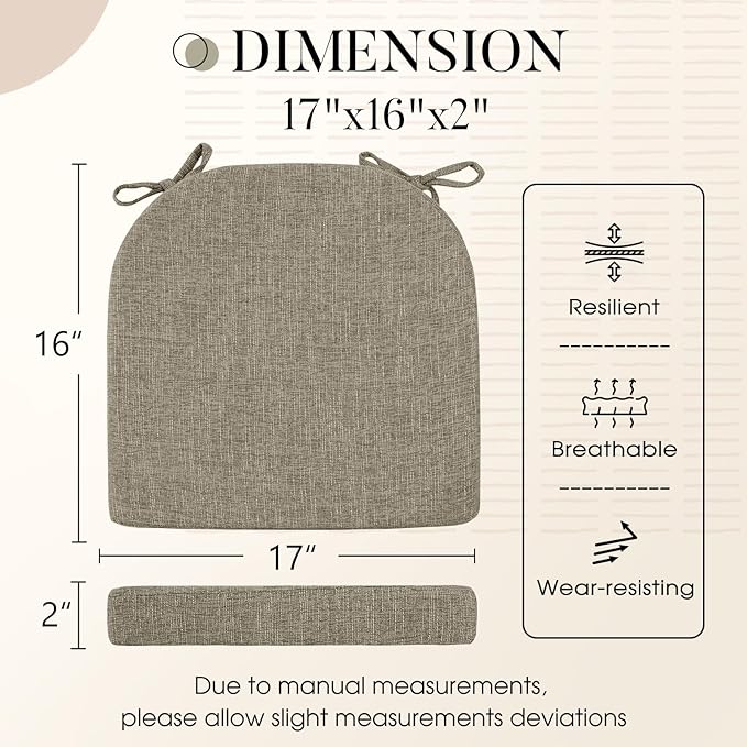Basic Beyond Chair Cushions for Dining Chairs with Ties and Removable Cover, 2" Thick Seat Cushions for Kitchen Chairs, Set of 4, 17" x 16", Khaki
