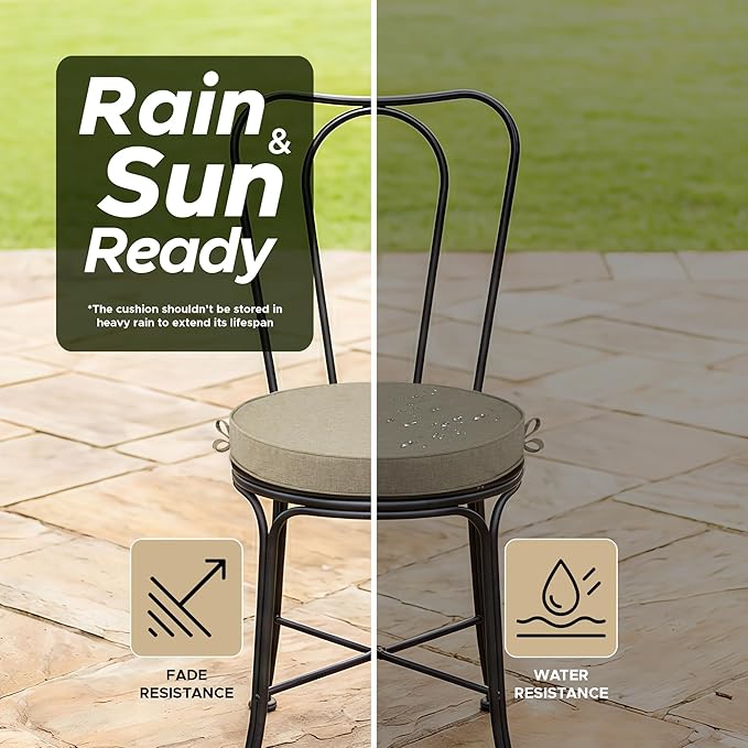 Outdoor Round Chair Cushions 15 Inch, Fade-Resistant & Water-Resistant, Bistro Chair Seat Pads for Porch Garden Balcony Patio Furniture Stools, Non-Slip Bottom, Set of 2, Natural
