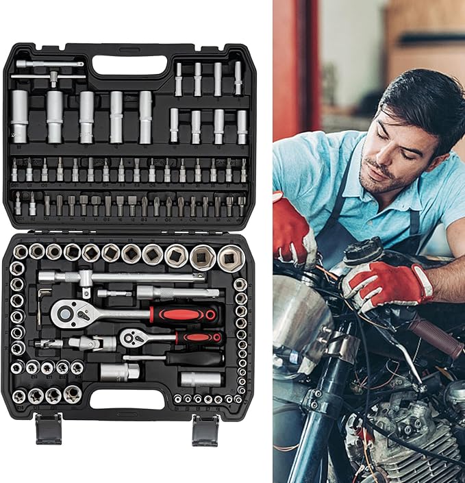 LYNICESHOP 108Pcs Mechanical Tools Kit, Ratchet Wrench Mechanics Tools Kit Metric 1/4 And 1/2 Drive Socket Set Sockets,Quick Release Reversible Ratchet Wrench Fit For Diy Car Motorcycle Repair