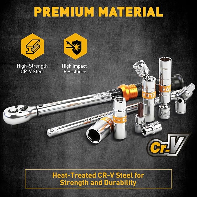 ELEAD 16-Piece Spark Plug Socket Set, 3/8" Drive Swivel Magnetic Spark Plug Removal Tool Kit with Torque Wrench (5–45 lb-ft), E-Torx & Torx Bit Sockets, Extensions & Universal Joint