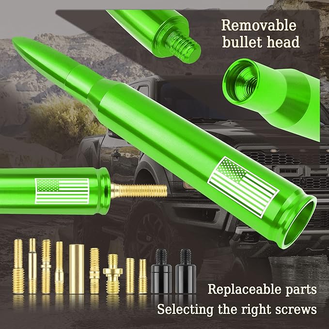 Car Bullet Antenna,Truck Exterior Decoration Accessories Car Vehicle Replacement Antenna Conpatible with Ford F150 RAM 1500 GMC Heavy Duty Pickup Trucks Accessories(New Upgrade Green-U.S. Flag)…