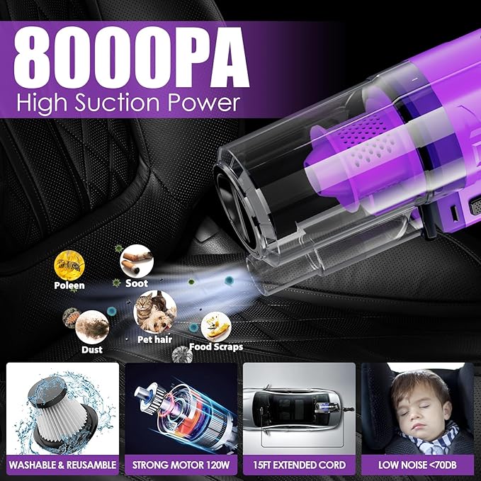 Viewsun 17PCS Car Cleaning Kit, Purple Car Interior Detailing Kit with High Power Handheld Vacuum, Detailing Brush Set, Windshield Cleaner, Cleaning Gel, Complete Auto Accessories for Women Gift