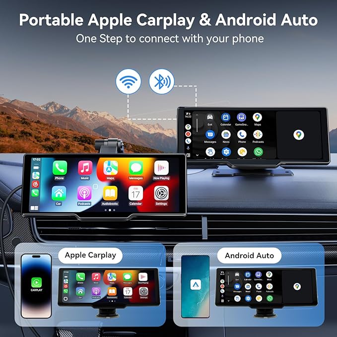 Portable Carplay Screen for Car, 10" Wireless Carplay Car Stereo & Android Auto, OTA Updates, Car Play Touchscreen with 1080P Backup Camera,GPS Navigation,Voice Control,5.0 Bluetooth (10inch)