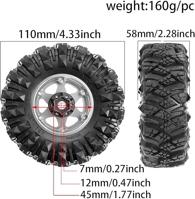 STMU Negative Offset 10.4mm 1.9 Beadlock Wheel Rims Aluminum and 1.9 RC Crawler Tires 4.33 Inch OD Foam Inserts for Traxxas TRX4 Axial SCX10 SCX10 II III RBX10 Redcat Gen 8 (Silvery)