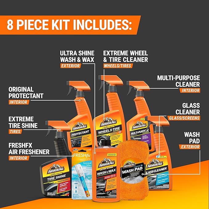 Armor All Premium Car Care Kit, Includes Extreme Tire Shine, Protectant, Multi-Purpose Cleaner, Car Wax & Wash Kit, Glass Cleaner, Car Air Freshener, Tire & Wheel Cleaner and Wash Pad, 8 Count