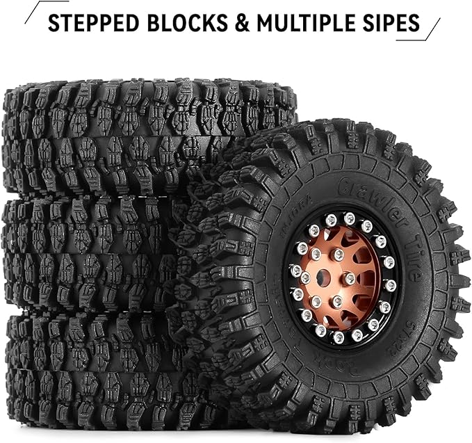INJORA 1.0 Beadlock Wheel S5 Super Soft Sticky Crawler Tires for TRX4M Axial AX24 SCX24 FCX24 Enduro24 Upgrade, 57 * 22mm(Black＆Copper)
