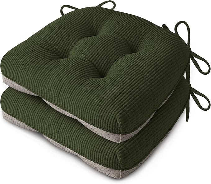 Indoor Kitchen Chair Cushions Set of 2 18"X16.5"X3" Soft Anti Slip Dining Chair Pads Tufted Kitchen Seat Cushion with Ties, Dark Green
