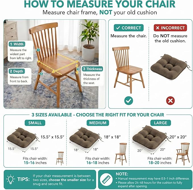 BETU Chair Cushions for Dining Chairs Set of 4,3.5" Thick Kitchen Table Chair Pads with Ties,Non Slip Backing and Covers, Seat Cushion for Dining Room,Bar,Patio Chairs,15.5"X15.5"X3.5",Brown