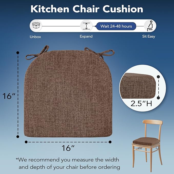 Chair Cushions for Dining Chairs, Non Slip Chair Pads with Ties and Washable Covers, Memory Foam Kitchen Chair Cushions Set of 6, 16"X16"X2.5", Brown